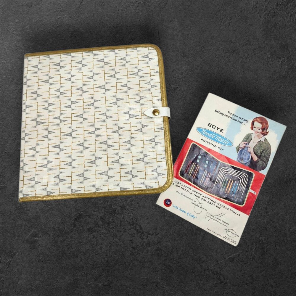 Vintage White & Gold Knitting Needle Case with Boye Knitting Kit